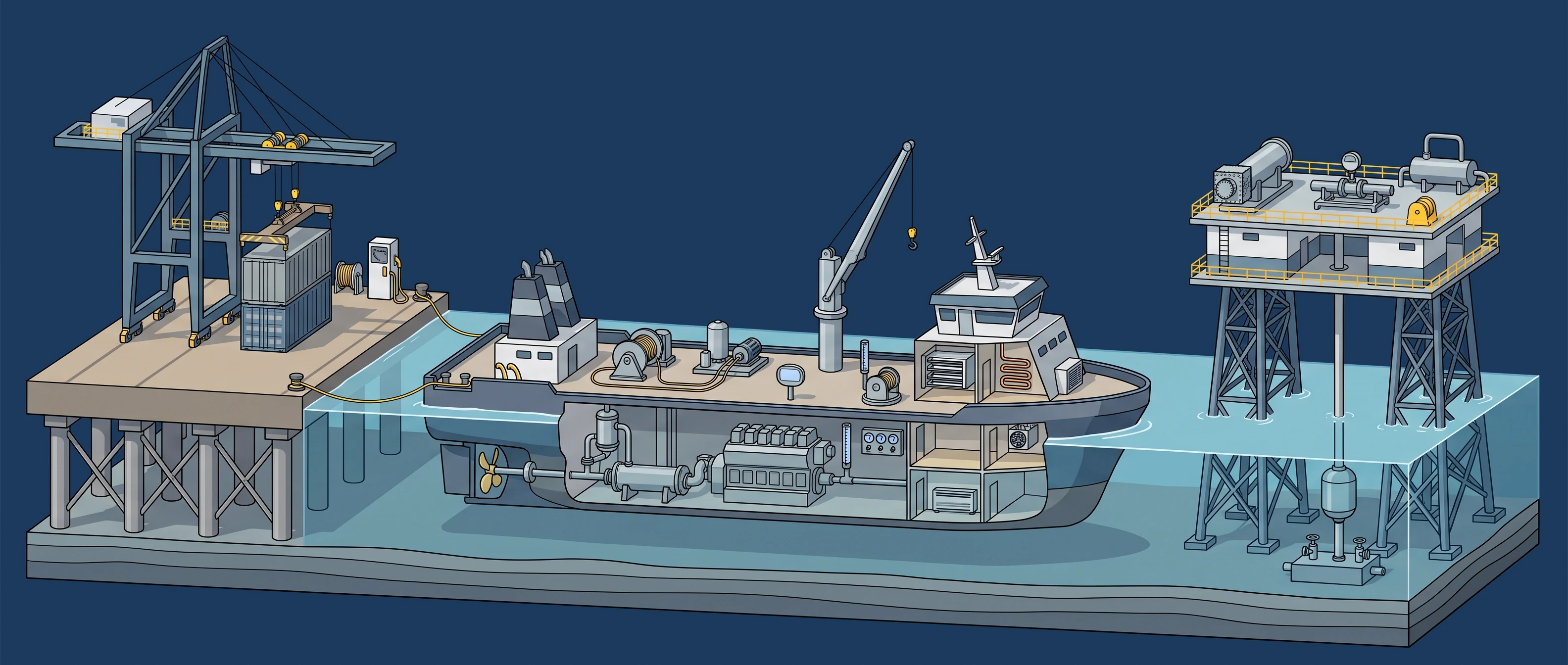 Marine & Offshore — shipyard & container pier to offshore platform & subsea panorama