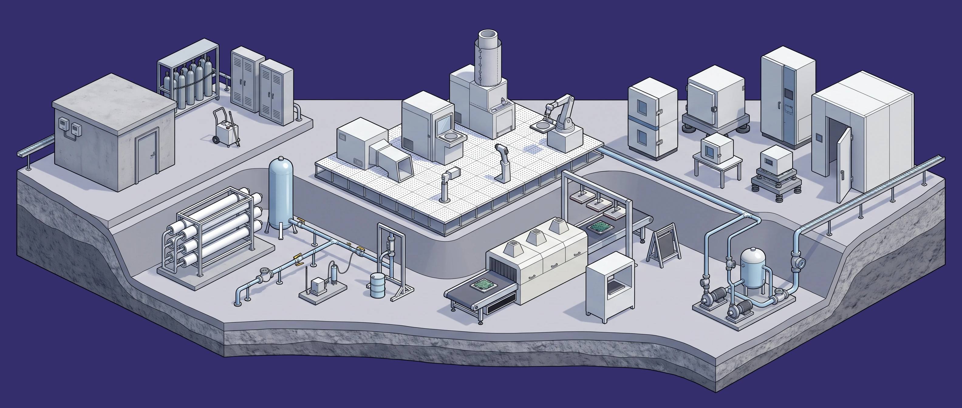 Semiconductor & Electronics — specialty gases & fab gas detection to equipment cooling & facility loops panorama
