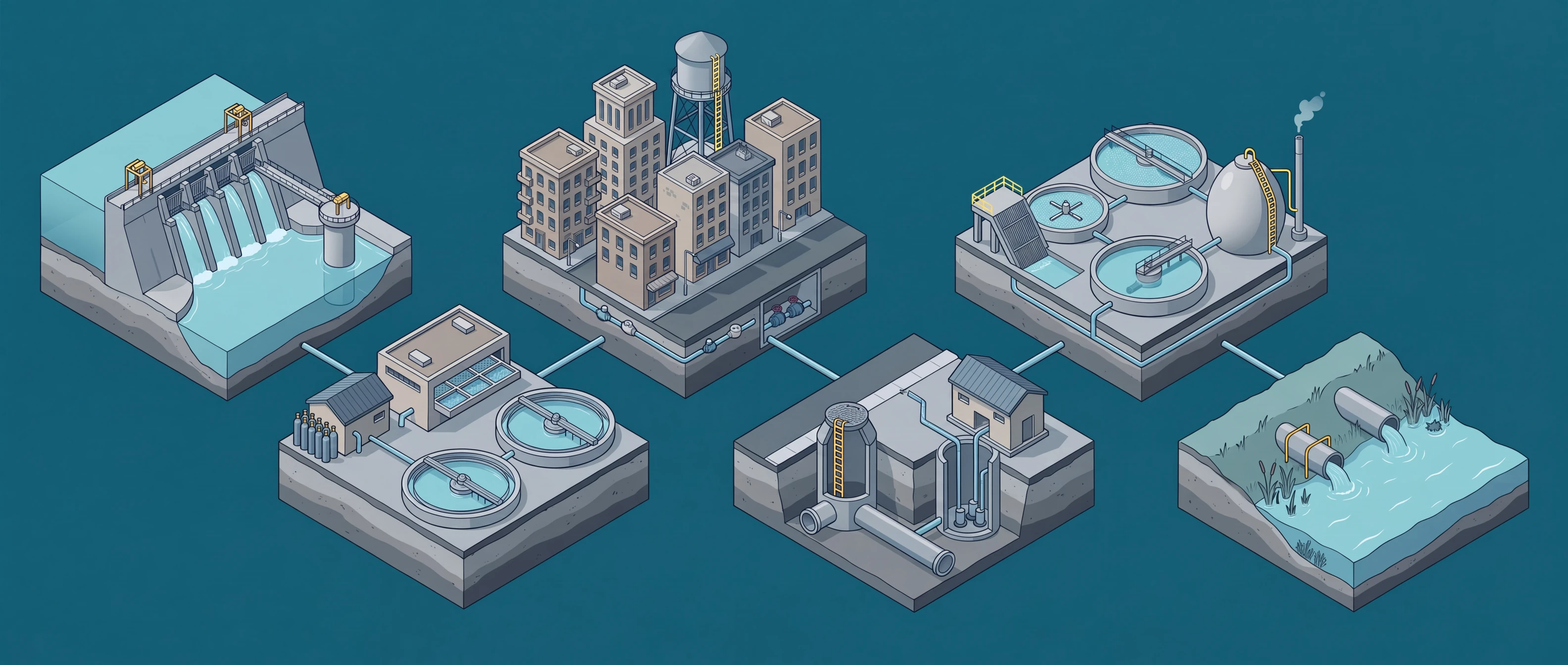 Water & Wastewater — source & intake to effluent & stormwater outfall panorama