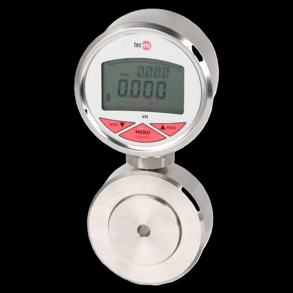 WIKA-ST hydraulic force transducer &mdash; a sealed piston cylinder with a mounted pressure gauge that reads force directly, with no supply voltage.