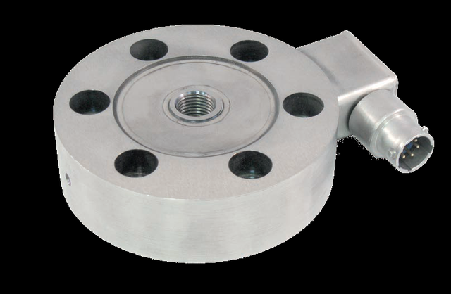 WIKA-ST pancake / low-profile load cell &mdash; thin stainless disc with a central threaded load point and electrical connector.