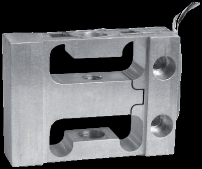 tecsis XLA parallelogram load cell &mdash; a small machined flexure block with a double-beam geometry and built-in overload stop, designed for OEM integration.