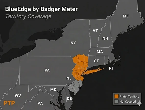 Prater Technical Partners Badger Meter territory map — Northern and Central New Jersey, plus New York City, Long Island, and the Hudson Valley (Westchester, Rockland, Putnam, Orange, Ulster, Dutchess, and Sullivan); nationwide lines authorized for sale across the US