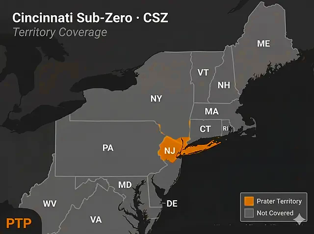 Prater Technical Partners CSZ environmental test chamber territory map — NYC, Long Island, Westchester and Rockland NY, plus Northern and Central NJ; exclusive territory for standard and custom CSZ chambers