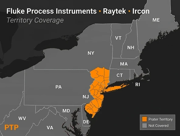 Fluke Process Instruments, Raytek, and Ircon territory map — New Jersey, New York City, Long Island, Hudson Valley, and Catskills