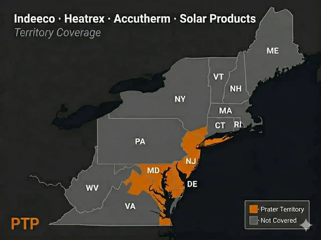 Prater Technical Partners Aspeq Heating Group territory map — New York (NYC and Long Island), New Jersey, Maryland, Delaware, and Northern Virginia