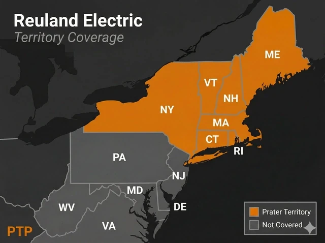Prater Technical Partners Reuland Electric territory map — New York, Connecticut, Massachusetts, Rhode Island, New Hampshire, Vermont, and Maine