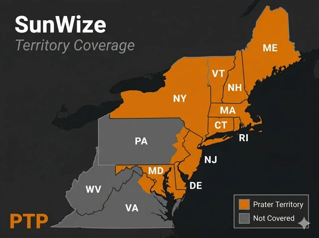 Prater Technical Partners SunWize Technologies territory map — the Northeast and Mid-Atlantic United States