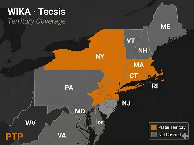 Prater Technical Partners WIKA-ST and tecsis territory map — New York, Connecticut, Massachusetts, Rhode Island, Northern New Jersey, and Eastern Pennsylvania (Allentown to Philadelphia corridor)